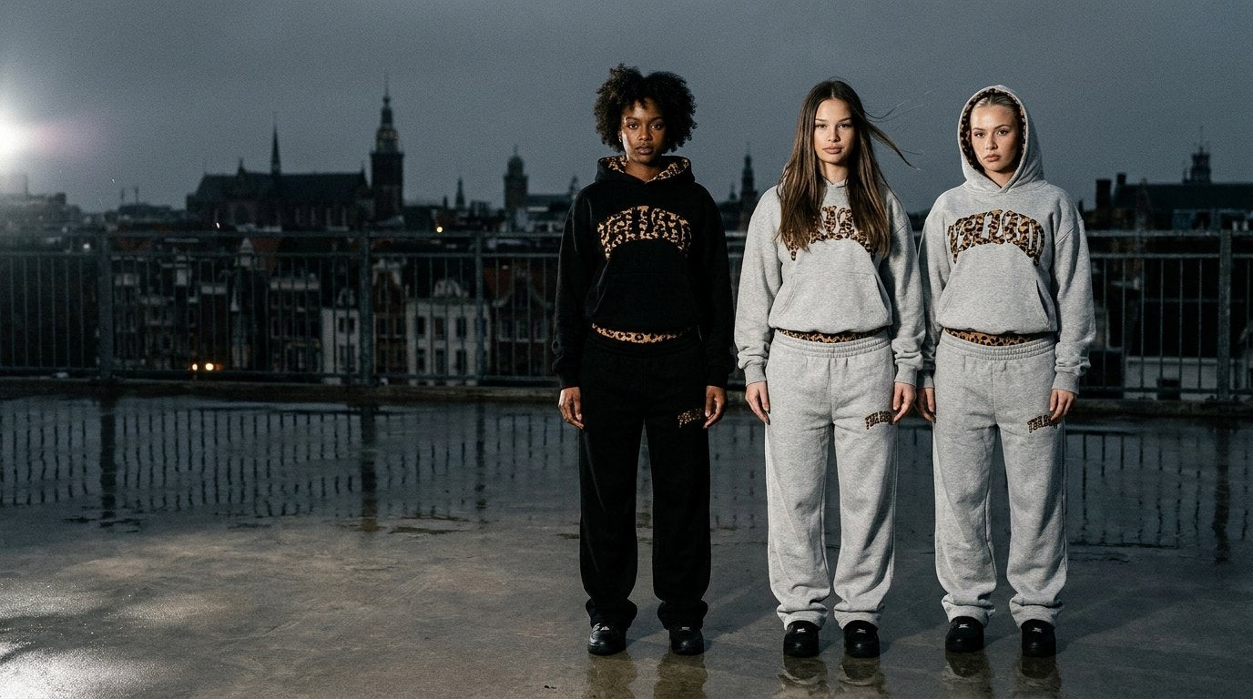 Campagne NUVORI drop 01 — trois femmes sur un toit la nuit, ensembles noir et gris chiné