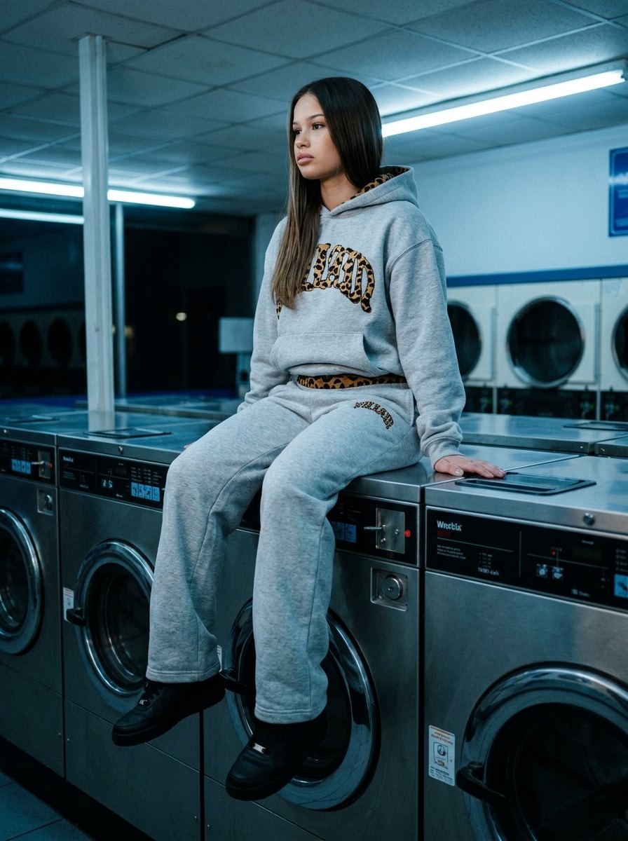 Lookbook NUVORI — ensemble gris chiné dans une laverie