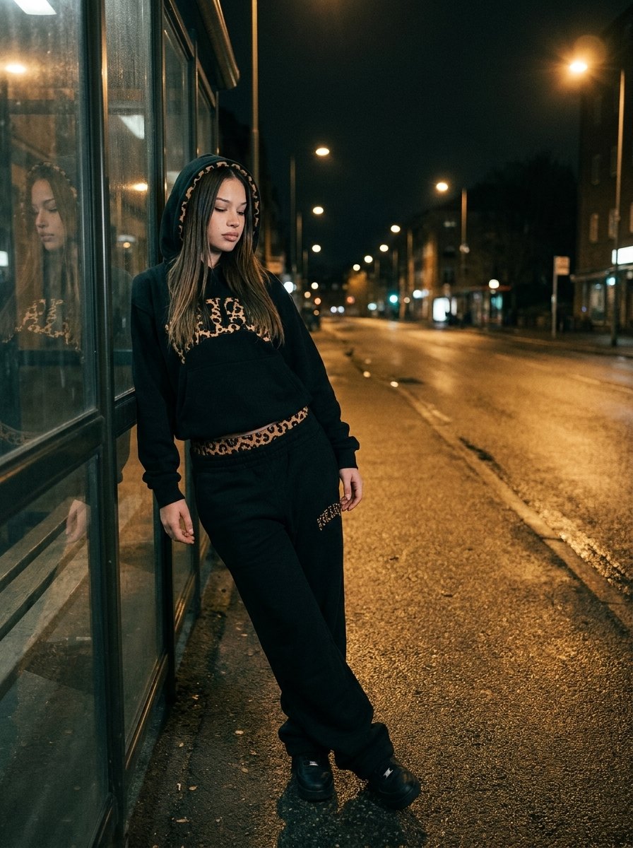 Lookbook NUVORI — ensemble noir à un arrêt de bus la nuit