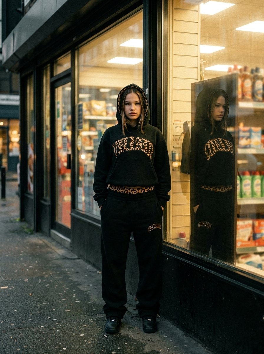 Lookbook NUVORI — ensemble noir devant une vitrine de nuit