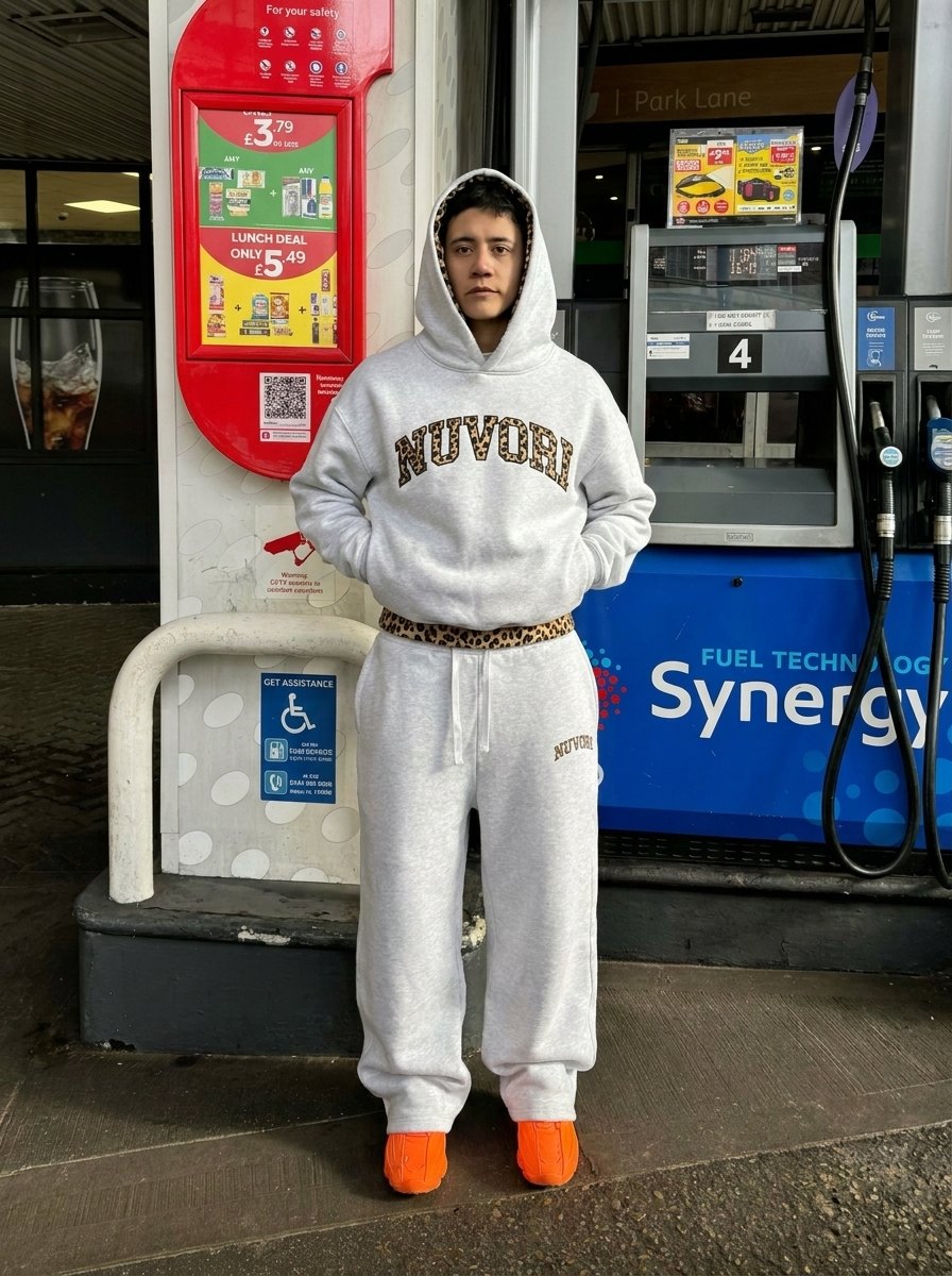 Ensemble NUVORI gris porté — style streetwear